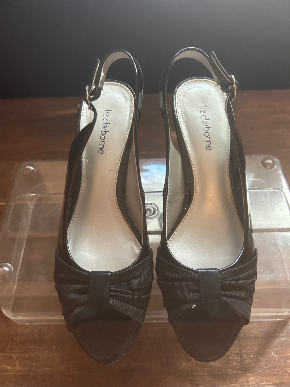 Liz Claiborne Black Slingback Peep-Toe Heels with Knot Detail Size 7